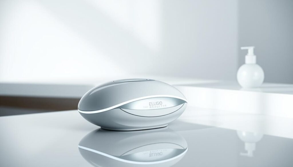 A sleek and futuristic image of the Glowin Beaute "Oligio X 原美電波緊膚技術" device. The device is showcased in a clean, minimalist setting with soft lighting, emphasizing its advanced and premium design. The device is positioned prominently in the center, with a smooth, reflective surface that captures the surrounding environment. The background is blurred, creating a sense of depth and focus on the device. The overall mood is one of innovation, technology, and high-end skincare.