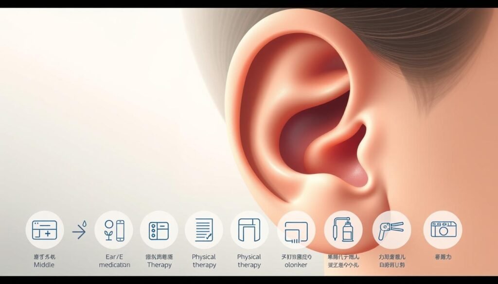 A balanced and serene medical illustration showcasing a comprehensive treatment plan for resolving inner ear fluid imbalance. Depict a cross-section of the human ear, with the middle and inner ear regions highlighted. In the foreground, highlight a series of therapeutic icons representing various elements of the treatment, such as medication, physical therapy, and specialized devices. Render the scene with a soft, muted color palette and gentle lighting to convey a sense of healing and wellness. Ensure the overall composition is visually appealing and informative, capturing the essence of the section title "耳水不平衡解決方法的綜合治療方案與效果評估".
