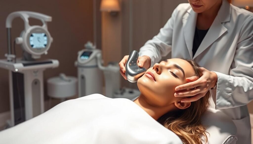 A bright, well-lit room with a sleek, modern treatment table. A person reclining comfortably, as a technician in a crisp white lab coat carefully applies the Glowin' Beaute Oligio X device to their face. The device's metallic surface gleams, emitting a soft glow as it works its restorative magic. In the background, state-of-the-art medical equipment and soothing, minimalist decor convey a sense of professionalism and care. The scene exudes a serene, clinical atmosphere, reflecting the precision and expertise of the Oligio X original beauty wave therapy. A bright, well-lit room with a sleek, modern treatment table. A person reclining comfortably, as a technician in a crisp white lab coat carefully applies the Glowin' Beaute Oligio X device to their face. The device's metallic surface gleams, emitting a soft glow as it works its restorative magic. In the background, state-of-the-art medical equipment and soothing, minimalist decor convey a sense of professionalism and care. The scene exudes a serene, clinical atmosphere, reflecting the precision and expertise of the Oligio X original beauty wave therapy.
