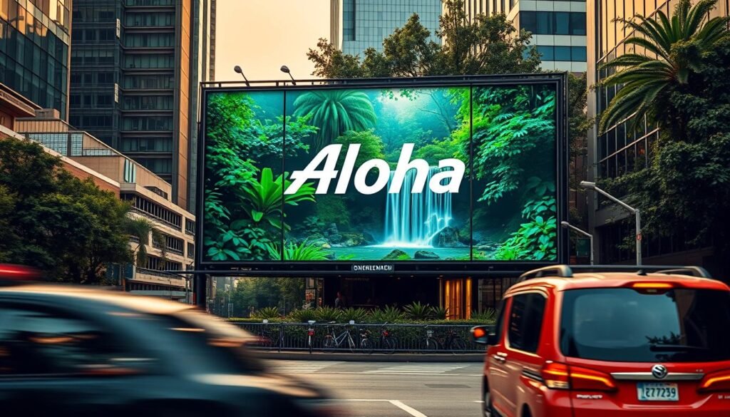 A bustling urban scene with a striking, eco-friendly billboard display featuring the Aloha brand. The billboard design showcases a serene, natural landscape with vibrant foliage and a shimmering waterfall, creating a sense of harmony and sustainability. Warm, diffused lighting illuminates the scene, casting a soft, golden glow. The camera angle captures the billboard from a slightly elevated perspective, emphasizing its prominent placement and commanding presence. The background features a blend of modern architectural elements and lush greenery, reflecting the integration of technology and nature. The overall atmosphere conveys a message of environmental consciousness and innovative, forward-thinking design. A bustling urban scene with a striking, eco-friendly billboard display featuring the Aloha brand. The billboard design showcases a serene, natural landscape with vibrant foliage and a shimmering waterfall, creating a sense of harmony and sustainability. Warm, diffused lighting illuminates the scene, casting a soft, golden glow. The camera angle captures the billboard from a slightly elevated perspective, emphasizing its prominent placement and commanding presence. The background features a blend of modern architectural elements and lush greenery, reflecting the integration of technology and nature. The overall atmosphere conveys a message of environmental consciousness and innovative, forward-thinking design.