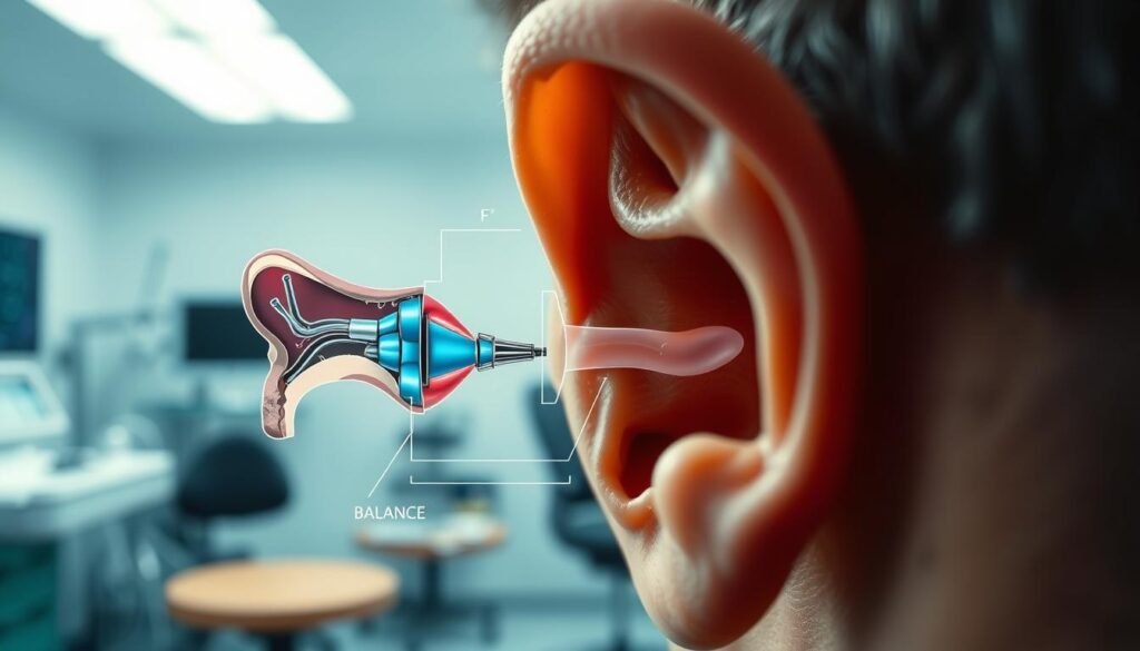 A close-up shot of a human ear, partially cut away to reveal the intricate inner workings. The middle ground shows a detailed anatomical diagram highlighting the fluid-filled chambers responsible for balance and orientation. In the background, a clinical laboratory setting with medical equipment and tools used to diagnose and treat ear imbalances. Soft, directional lighting illuminates the subject, creating a sense of calm and scientific inquiry. The overall mood is one of understanding and finding solutions to a complex physiological issue. A close-up shot of a human ear, partially cut away to reveal the intricate inner workings. The middle ground shows a detailed anatomical diagram highlighting the fluid-filled chambers responsible for balance and orientation. In the background, a clinical laboratory setting with medical equipment and tools used to diagnose and treat ear imbalances. Soft, directional lighting illuminates the subject, creating a sense of calm and scientific inquiry. The overall mood is one of understanding and finding solutions to a complex physiological issue.
