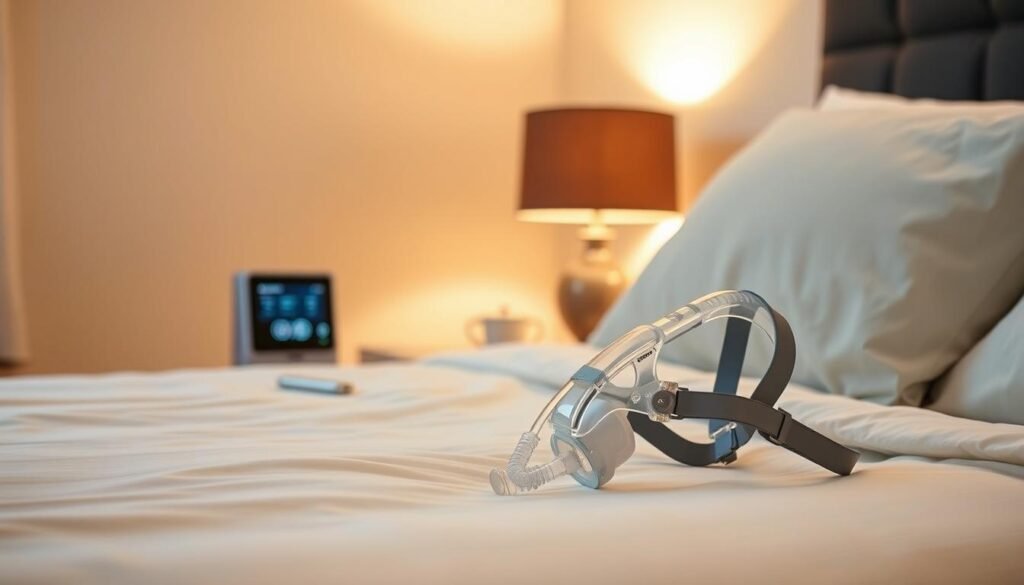 A cozy, well-lit bedroom with a sleek, modern iCareCPAP sleep apnea machine on a bedside table. The machine is positioned prominently, its display illuminated, indicating optimal settings. In the foreground, a comfortable, adjustable face mask rests on the bed, suggesting ease of use and customization. The room has a calming, minimalist atmosphere, with soft, warm lighting and soothing colors that create a relaxing environment conducive to quality sleep. The overall scene conveys the idea of a seamless integration of the sleep apnea device into the user's personal space, optimizing both comfort and treatment effectiveness. A cozy, well-lit bedroom with a sleek, modern iCareCPAP sleep apnea machine on a bedside table. The machine is positioned prominently, its display illuminated, indicating optimal settings. In the foreground, a comfortable, adjustable face mask rests on the bed, suggesting ease of use and customization. The room has a calming, minimalist atmosphere, with soft, warm lighting and soothing colors that create a relaxing environment conducive to quality sleep. The overall scene conveys the idea of a seamless integration of the sleep apnea device into the user's personal space, optimizing both comfort and treatment effectiveness.
