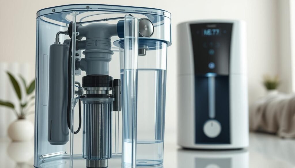 A detailed and well-maintained water purifier shown in a clean, bright setting. The foreground features the purifier's internal components and filtering mechanisms, showcasing its intricate design. The middle ground presents the purifier's sleek and modern exterior, highlighted by crisp lighting and smooth surfaces. The background subtly suggests a domestic environment, with clean lines and minimal decor to maintain focus on the purifier. The overall mood is one of professionalism, efficiency, and attention to detail, reflecting the importance of proper water purifier maintenance and care. A detailed and well-maintained water purifier shown in a clean, bright setting. The foreground features the purifier's internal components and filtering mechanisms, showcasing its intricate design. The middle ground presents the purifier's sleek and modern exterior, highlighted by crisp lighting and smooth surfaces. The background subtly suggests a domestic environment, with clean lines and minimal decor to maintain focus on the purifier. The overall mood is one of professionalism, efficiency, and attention to detail, reflecting the importance of proper water purifier maintenance and care.