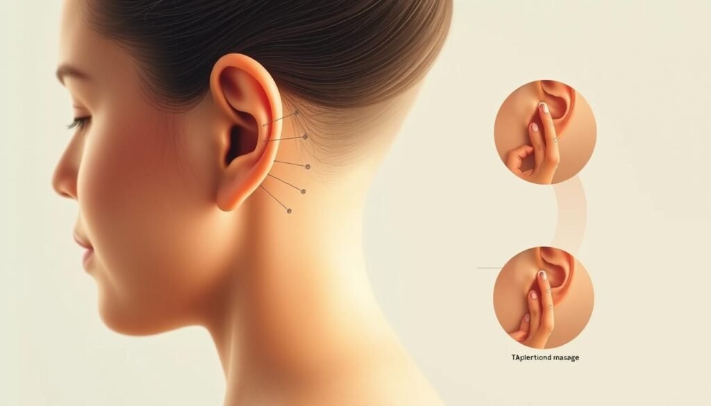 A detailed illustration of the acupressure points and techniques used to treat inner ear imbalance. The image shows the side profile of a person's head, with close-up views of the pressure points around the ear, temple, and jawline. The lighting is soft and natural, highlighting the intricate anatomy. The color palette is muted, conveying a sense of calm and healing. The composition guides the viewer's eye through the different steps of the massage process, with clear, labeled diagrams. The overall mood is soothing and instructive, reflecting the article's focus on effective, natural remedies for inner ear disorders. A detailed illustration of the acupressure points and techniques used to treat inner ear imbalance. The image shows the side profile of a person's head, with close-up views of the pressure points around the ear, temple, and jawline. The lighting is soft and natural, highlighting the intricate anatomy. The color palette is muted, conveying a sense of calm and healing. The composition guides the viewer's eye through the different steps of the massage process, with clear, labeled diagrams. The overall mood is soothing and instructive, reflecting the article's focus on effective, natural remedies for inner ear disorders.