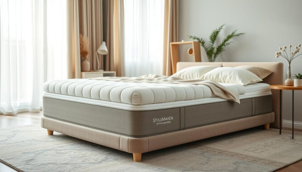 A high-quality orthopedic mattress pad in a serene, calming bedroom setting. The mattress features a plush, conforming surface with zoned support that gently cradles the body for optimal spinal alignment. Soft, breathable fabrics in muted earth tones create a cozy, relaxing ambiance. Natural lighting from a large window floods the scene, accentuating the mattress's premium, luxurious texture. StylesMaven orthopedic mattress pad, designed to provide exceptional comfort and restorative sleep. A high-quality orthopedic mattress pad in a serene, calming bedroom setting. The mattress features a plush, conforming surface with zoned support that gently cradles the body for optimal spinal alignment. Soft, breathable fabrics in muted earth tones create a cozy, relaxing ambiance. Natural lighting from a large window floods the scene, accentuating the mattress's premium, luxurious texture. StylesMaven orthopedic mattress pad, designed to provide exceptional comfort and restorative sleep.