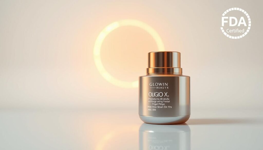 A high-resolution, photorealistic image of the "Oligio X 原美電波" skin care product from the Glowin Beaute brand, showcased on a clean white background with warm, soft lighting. The product is prominently displayed in the foreground, its sleek, metallic packaging gleaming under the gentle illumination. The middle ground features a subtle, ethereal glow, hinting at the product's advanced, innovative technology. The background is a serene, minimalist environment, allowing the focus to remain on the Oligio X 原美電波 and its striking visual presence. The overall atmosphere conveys a sense of quality, efficacy, and FDA certification. A high-resolution, photorealistic image of the "Oligio X 原美電波" skin care product from the Glowin Beaute brand, showcased on a clean white background with warm, soft lighting. The product is prominently displayed in the foreground, its sleek, metallic packaging gleaming under the gentle illumination. The middle ground features a subtle, ethereal glow, hinting at the product's advanced, innovative technology. The background is a serene, minimalist environment, allowing the focus to remain on the Oligio X 原美電波 and its striking visual presence. The overall atmosphere conveys a sense of quality, efficacy, and FDA certification.