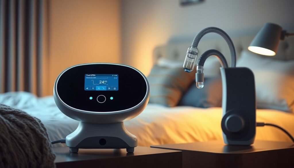 A highly detailed, futuristic iCareCPAP sleep apnea machine in the foreground, its sleek, minimalist design and backlit display contrasting with the soft, warm lighting of the bedroom setting in the background. The machine is positioned on a bedside table, with a comfortable-looking bed and cozy textiles visible. The overall atmosphere is one of calm, relaxation, and ease of use, reflecting the section title's focus on adapting to sleep apnea therapy with small, effective tips. A highly detailed, futuristic iCareCPAP sleep apnea machine in the foreground, its sleek, minimalist design and backlit display contrasting with the soft, warm lighting of the bedroom setting in the background. The machine is positioned on a bedside table, with a comfortable-looking bed and cozy textiles visible. The overall atmosphere is one of calm, relaxation, and ease of use, reflecting the section title's focus on adapting to sleep apnea therapy with small, effective tips.