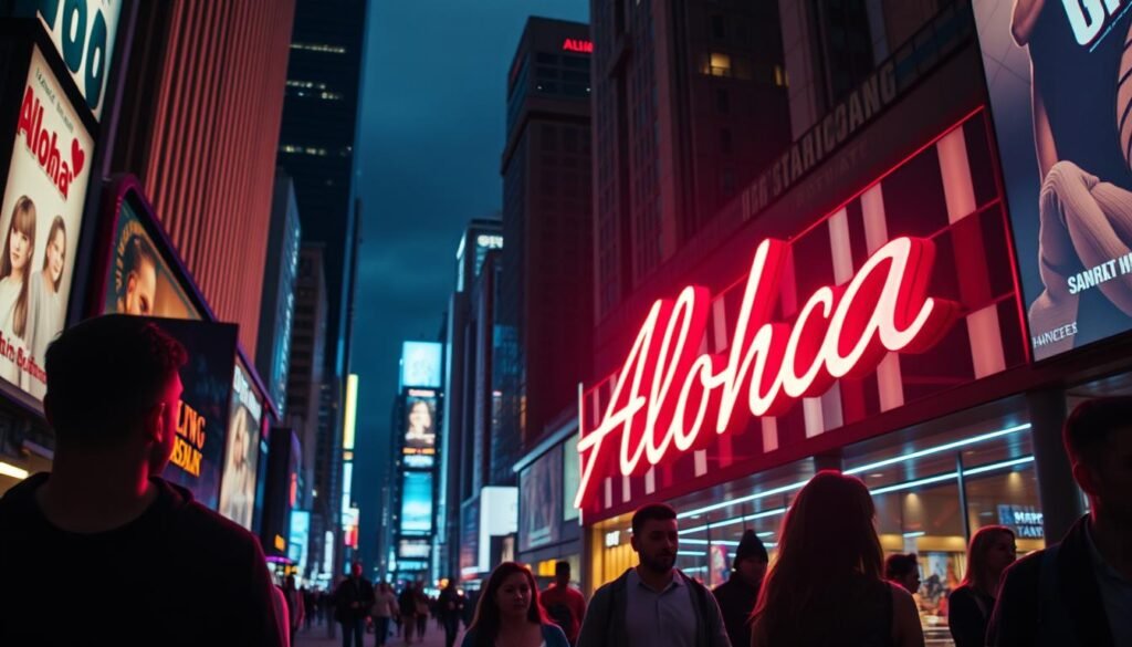 A neon-lit sign in a bustling city street, the words "Aloha" shining brightly against a backdrop of towering skyscrapers and vibrant nightlife. The sign's geometric design is sleek and modern, casting a warm glow onto the surrounding area. In the foreground, passersby are captured in a dynamic, cinematic scene, their silhouettes adding depth and movement to the composition. The lighting is a harmonious blend of cool and warm tones, creating an inviting and atmospheric ambiance. The overall scene conveys a sense of energy, modernity, and the allure of urban living.