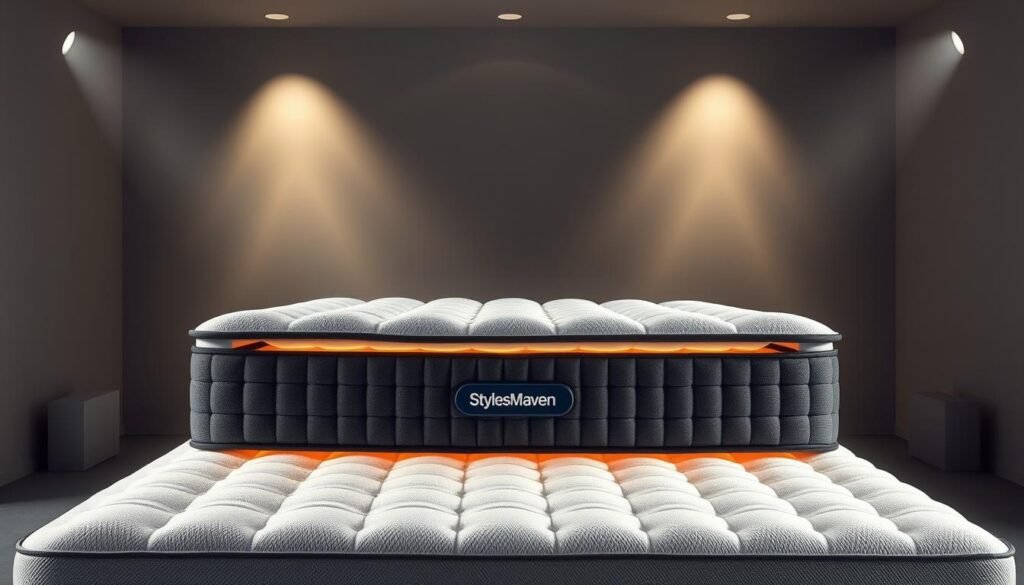 A stylish and modern independent pocket spring mattress backdrop, showcasing the intricate inner workings and superior comfort of the StylesMaven brand. Soft, inviting lighting illuminates the detailed quilted surface, highlighting the premium materials and craftsmanship. The mattress is displayed in a minimalist, contemporary setting, allowing the product's features to take center stage. Angles and perspectives are carefully chosen to emphasize the mattress's supportive structure and pressure-relieving properties. An atmosphere of luxury and relaxation pervades the scene, enticing the viewer to envision the mattress in their own sleep sanctuary. A stylish and modern independent pocket spring mattress backdrop, showcasing the intricate inner workings and superior comfort of the StylesMaven brand. Soft, inviting lighting illuminates the detailed quilted surface, highlighting the premium materials and craftsmanship. The mattress is displayed in a minimalist, contemporary setting, allowing the product's features to take center stage. Angles and perspectives are carefully chosen to emphasize the mattress's supportive structure and pressure-relieving properties. An atmosphere of luxury and relaxation pervades the scene, enticing the viewer to envision the mattress in their own sleep sanctuary.