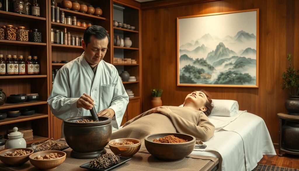A traditional Chinese medicine clinic with a warm, soothing atmosphere. In the foreground, a practitioner carefully prepares a blend of herbal remedies in a mortar and pestle, the earthy scents of the ingredients filling the air. Behind them, shelves display a variety of dried herbs and tonics, each bottle and jar meticulously labeled. The middle ground features a patient reclining comfortably on a treatment table, their eyes closed in a state of deep relaxation as the practitioner applies acupressure to specific points on their head. In the background, a tranquil landscape painting hangs on the wall, its serene mountains and flowing rivers evoking a sense of balance and harmony. Soft, warm lighting casts a gentle glow over the scene, creating an atmosphere of traditional healing and wellness. A traditional Chinese medicine clinic with a warm, soothing atmosphere. In the foreground, a practitioner carefully prepares a blend of herbal remedies in a mortar and pestle, the earthy scents of the ingredients filling the air. Behind them, shelves display a variety of dried herbs and tonics, each bottle and jar meticulously labeled. The middle ground features a patient reclining comfortably on a treatment table, their eyes closed in a state of deep relaxation as the practitioner applies acupressure to specific points on their head. In the background, a tranquil landscape painting hangs on the wall, its serene mountains and flowing rivers evoking a sense of balance and harmony. Soft, warm lighting casts a gentle glow over the scene, creating an atmosphere of traditional healing and wellness.