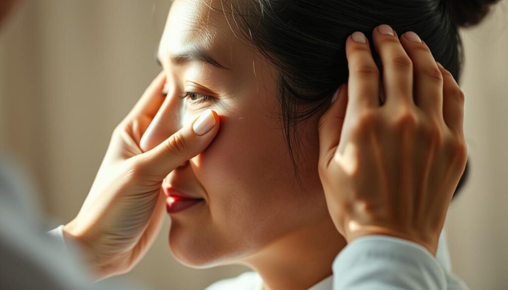 A traditional Chinese medicine practitioner demonstrating acupuncture treatment for ear imbalance. Close-up shot of the head and shoulders, with the practitioner's hands applying fine needles to the patient's ear. Soft natural lighting illuminates the scene, creating a serene and focused atmosphere. The patient's expression conveys a sense of calm and trust. The background is blurred, gently fading into a soothing neutral tone, keeping the attention on the central healing ritual. The overall composition and mood evoke the holistic and time-honored approach of Chinese medicine in addressing ear water imbalance. A traditional Chinese medicine practitioner demonstrating acupuncture treatment for ear imbalance. Close-up shot of the head and shoulders, with the practitioner's hands applying fine needles to the patient's ear. Soft natural lighting illuminates the scene, creating a serene and focused atmosphere. The patient's expression conveys a sense of calm and trust. The background is blurred, gently fading into a soothing neutral tone, keeping the attention on the central healing ritual. The overall composition and mood evoke the holistic and time-honored approach of Chinese medicine in addressing ear water imbalance.