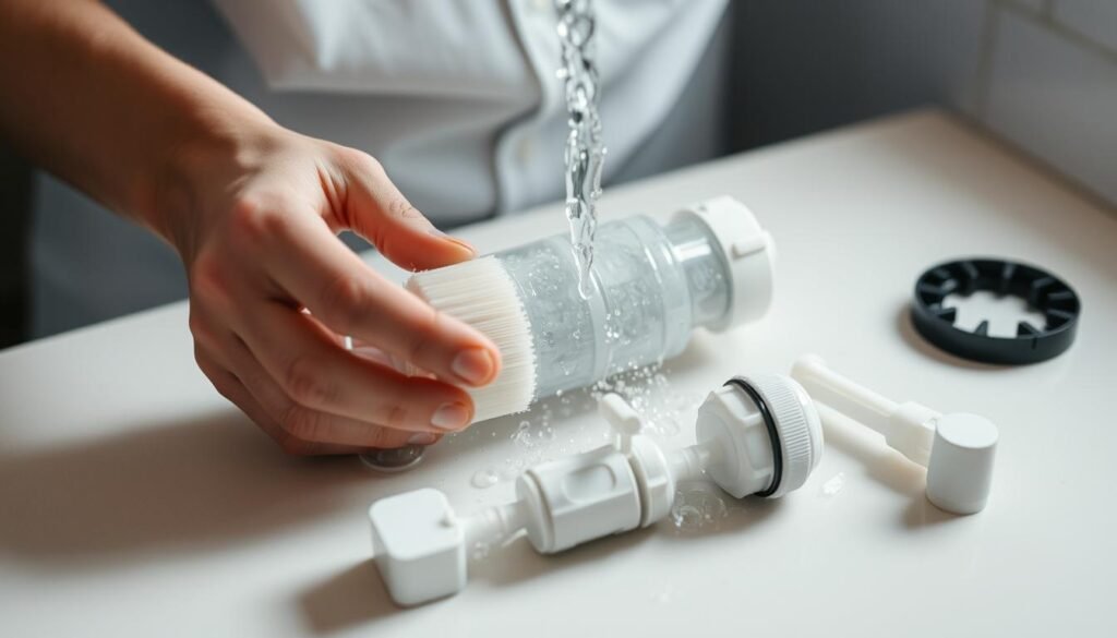 A well-lit close-up image of a person's hands thoroughly cleaning a water filter under running water, using a soft brush and mild detergent. The filter is disassembled, with its various components laid out neatly on a clean, light-colored surface. The scene conveys a sense of care and attention to detail, with the person's expression focused and intent on the task at hand. The lighting is soft and diffused, creating a serene, calming atmosphere. The overall composition draws the viewer's eye to the center of the frame, highlighting the filter cleaning process as the main subject. A well-lit close-up image of a person's hands thoroughly cleaning a water filter under running water, using a soft brush and mild detergent. The filter is disassembled, with its various components laid out neatly on a clean, light-colored surface. The scene conveys a sense of care and attention to detail, with the person's expression focused and intent on the task at hand. The lighting is soft and diffused, creating a serene, calming atmosphere. The overall composition draws the viewer's eye to the center of the frame, highlighting the filter cleaning process as the main subject.
