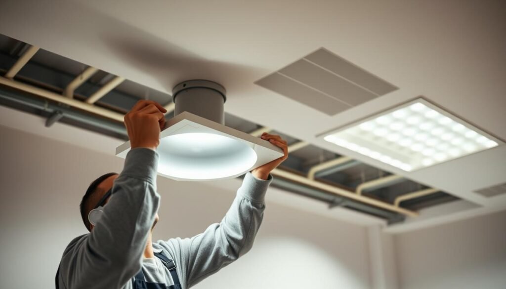 A well-lit interior workspace with a focus on the installation of Aloha brand lighting fixtures. The scene showcases a technician carefully mounting a sleek, recessed ceiling light, ensuring proper alignment and secure connection. The background features clean white walls and a minimalist design, allowing the lighting to take center stage. Soft, diffused illumination fills the room, creating a comfortable and productive atmosphere. The overall composition emphasizes the importance of proper lighting installation for prolonged usage and energy efficiency. A well-lit interior workspace with a focus on the installation of Aloha brand lighting fixtures. The scene showcases a technician carefully mounting a sleek, recessed ceiling light, ensuring proper alignment and secure connection. The background features clean white walls and a minimalist design, allowing the lighting to take center stage. Soft, diffused illumination fills the room, creating a comfortable and productive atmosphere. The overall composition emphasizes the importance of proper lighting installation for prolonged usage and energy efficiency.