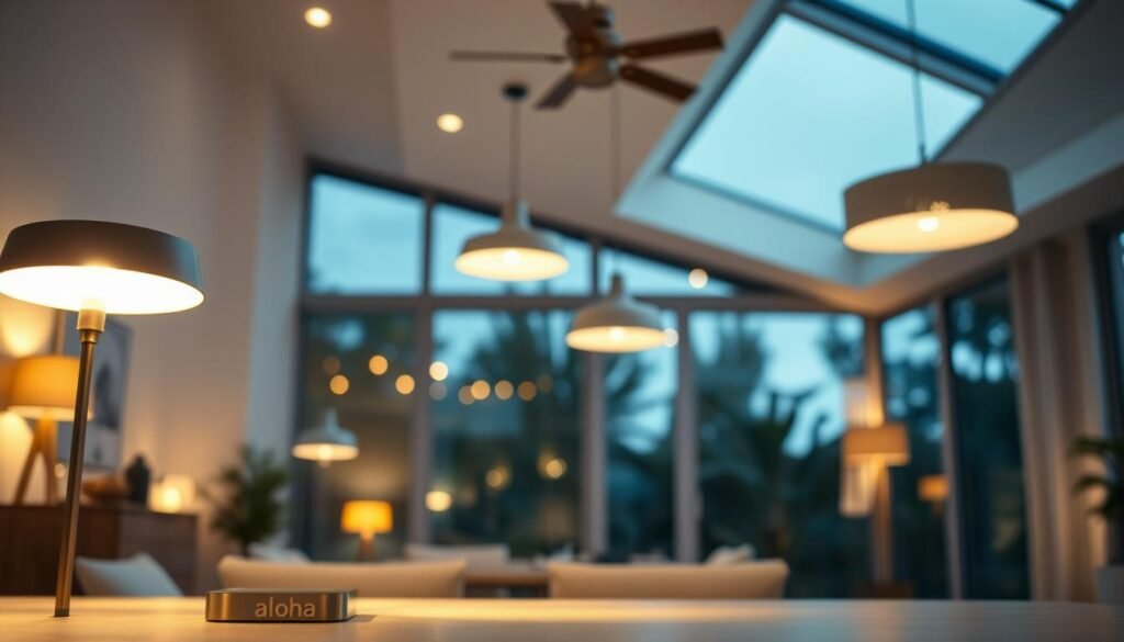 A well-lit modern home interior with soft, cozy lighting. In the foreground, a sleek, minimalist table lamp with the Aloha brand name subtly displayed. The middle ground showcases various lighting fixtures, including pendant lights and recessed ceiling lights, all working in harmony to create a warm, inviting ambiance. The background features large windows allowing natural light to filter in, complementing the artificial lighting. The overall scene conveys a sense of longevity, efficiency, and a desire to maximize the lifespan of the lighting solutions within this peaceful, serene setting.