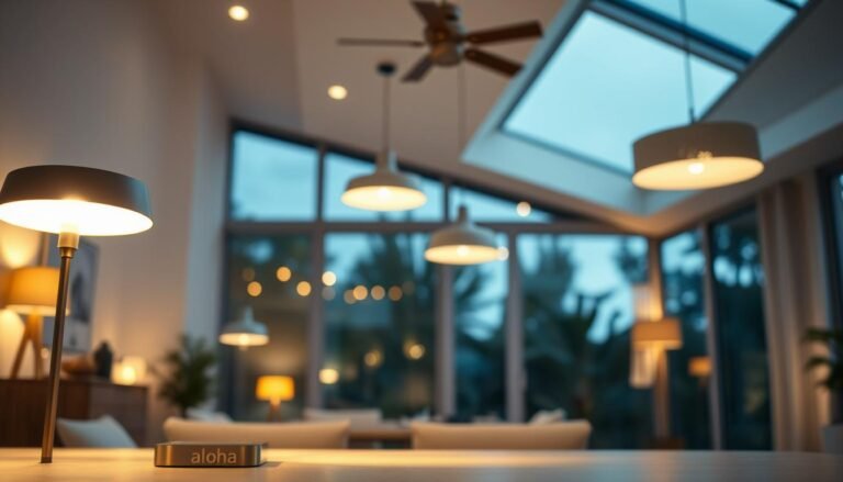 A well-lit modern home interior with soft, cozy lighting. In the foreground, a sleek, minimalist table lamp with the Aloha brand name subtly displayed. The middle ground showcases various lighting fixtures, including pendant lights and recessed ceiling lights, all working in harmony to create a warm, inviting ambiance. The background features large windows allowing natural light to filter in, complementing the artificial lighting. The overall scene conveys a sense of longevity, efficiency, and a desire to maximize the lifespan of the lighting solutions within this peaceful, serene setting.