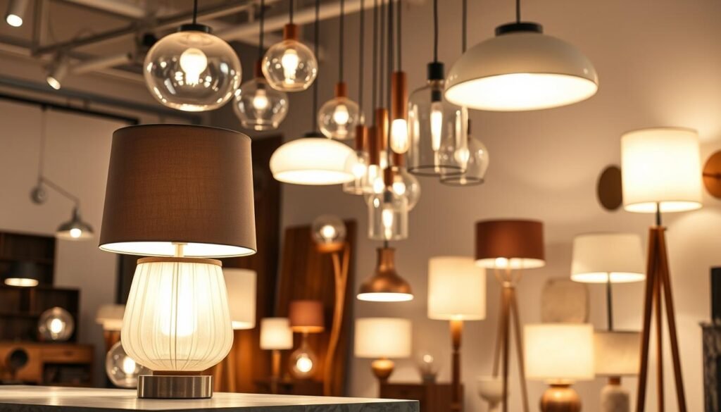 A well-lit studio setting showcasing an assortment of high-quality lighting fixtures, each crafted with distinct materials. In the foreground, a sleek Aloha table lamp with a brushed metal base and a delicate fabric shade. In the middle ground, a series of pendant lights suspended from the ceiling, their structures varying between glass, ceramic, and polished wood. In the background, various floor and wall lamps emit a warm, inviting glow, their materials ranging from hammered copper to elegant marble. The overall scene conveys a sense of sophisticated elegance, highlighting the diverse textures and finishes that can be incorporated into thoughtful lighting design.