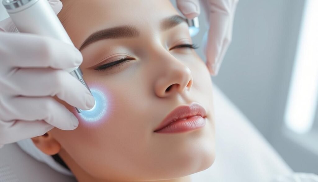 Detailed facial treatment with Glowin Beaute's Oligio X 原美電波technology. The machine's precise radio waves precisely target and stimulate the skin's dermal layers, promoting collagen production and skin cell renewal for a youthful, radiant complexion. Soft, natural lighting accentuates the model's refined features as she undergoes the relaxing, non-invasive procedure. The camera captures the device's gentle application on her cheeks, forehead, and chin, showcasing the versatile treatment area coverage. A crisp, clean aesthetic conveys the medical-grade efficacy and professionalism of this FDA-approved skincare innovation. Detailed facial treatment with Glowin Beaute's Oligio X 原美電波technology. The machine's precise radio waves precisely target and stimulate the skin's dermal layers, promoting collagen production and skin cell renewal for a youthful, radiant complexion. Soft, natural lighting accentuates the model's refined features as she undergoes the relaxing, non-invasive procedure. The camera captures the device's gentle application on her cheeks, forehead, and chin, showcasing the versatile treatment area coverage. A crisp, clean aesthetic conveys the medical-grade efficacy and professionalism of this FDA-approved skincare innovation.