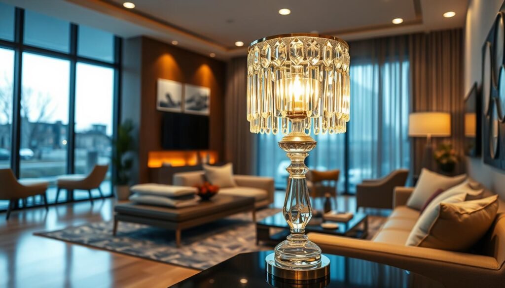 Generate an image of a luxurious crystal lamp in a modern living room. Generate an image of a luxurious crystal lamp in a modern living room.