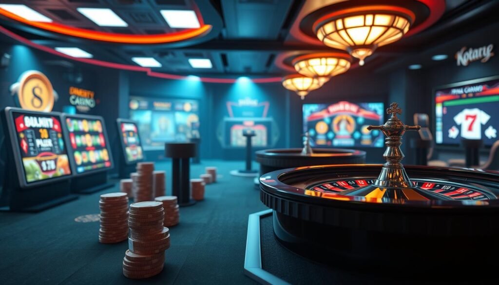 Generate an image of a secure and modern online casino platform with various games and cryptocurrency payment options. Generate an image of a secure and modern online casino platform with various games and cryptocurrency payment options.