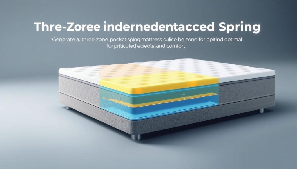Generate an image of a three-zone independent pocket spring spine care mattress. Generate an image of a three-zone independent pocket spring spine care mattress.