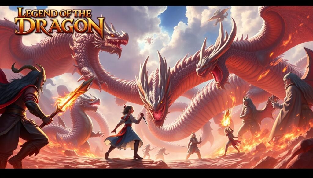 生成PNG電子遊戲的圖片，展現魔龍傳奇和五龍爭霸的遊戲畫面
