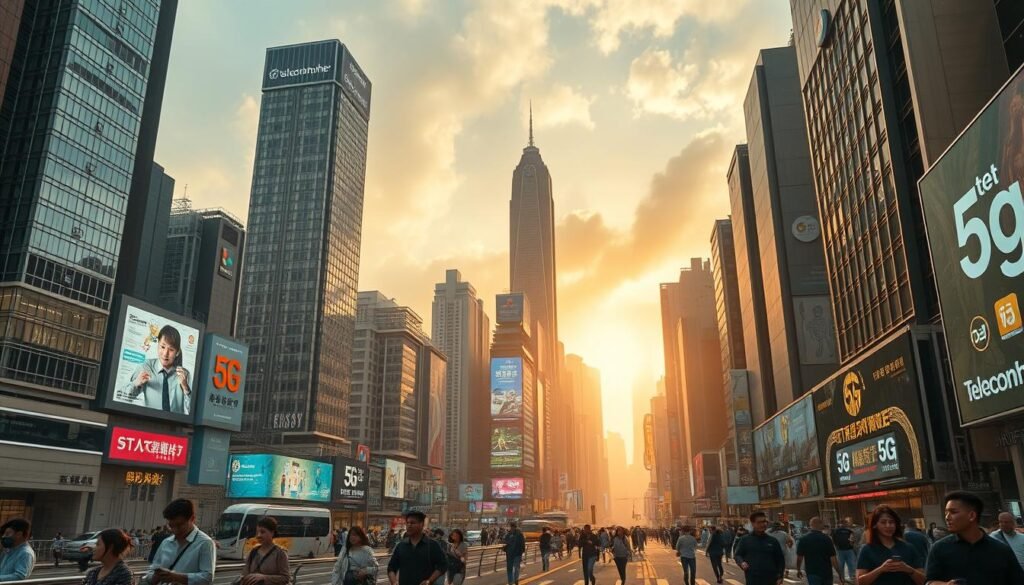 A bustling cityscape of Hong Kong, enveloped in a futuristic haze of 5G connectivity. Soaring skyscrapers, their facades adorned with the Telecombrother logo, stand as beacons of technological advancement. In the foreground, commuters navigate the urban landscape, their devices seamlessly integrated with the high-speed network. The middle ground features a vibrant mix of digital billboards, showcasing the latest 5G-enabled products and services. In the background, the iconic Hong Kong skyline looms, bathed in a warm, golden light that reflects the promise of a connected future. The scene conveys a sense of progress, efficiency, and the transformative power of 5G technology within the dynamic Hong Kong market. A bustling cityscape of Hong Kong, enveloped in a futuristic haze of 5G connectivity. Soaring skyscrapers, their facades adorned with the Telecombrother logo, stand as beacons of technological advancement. In the foreground, commuters navigate the urban landscape, their devices seamlessly integrated with the high-speed network. The middle ground features a vibrant mix of digital billboards, showcasing the latest 5G-enabled products and services. In the background, the iconic Hong Kong skyline looms, bathed in a warm, golden light that reflects the promise of a connected future. The scene conveys a sense of progress, efficiency, and the transformative power of 5G technology within the dynamic Hong Kong market.