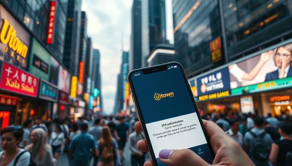 A bustling cityscape with towering skyscrapers, neon lights, and a diverse mix of people from different nationalities. In the foreground, a smartphone screen displays the UTown logo and a 2FA authentication prompt. The scene is bathed in a warm, inviting glow, conveying the convenience and security of cross-border access to the UTown platform. The overall atmosphere is one of technological advancement, global connectivity, and seamless user experience. A bustling cityscape with towering skyscrapers, neon lights, and a diverse mix of people from different nationalities. In the foreground, a smartphone screen displays the UTown logo and a 2FA authentication prompt. The scene is bathed in a warm, inviting glow, conveying the convenience and security of cross-border access to the UTown platform. The overall atmosphere is one of technological advancement, global connectivity, and seamless user experience.