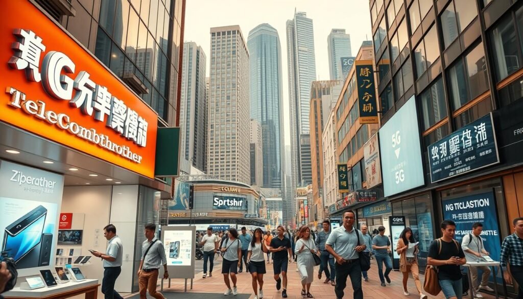 A bustling street in Hong Kong, showcasing the 5G plans offered by various telecommunication providers. In the foreground, a prominent Telecombrother retail store displays its 5G offerings, with sleek product displays and attentive sales staff. In the middle ground, pedestrians and commuters hurry past, their mobile devices connected to the next-generation network. The background is a skyline of skyscrapers, reflecting the city's technological prowess and commercial vibrancy. Warm lighting bathes the scene, creating a sense of energy and modernity. The overall impression is one of a dynamic, forward-looking 5G market, ready to cater to the needs of Hong Kong's tech-savvy population. A bustling street in Hong Kong, showcasing the 5G plans offered by various telecommunication providers. In the foreground, a prominent Telecombrother retail store displays its 5G offerings, with sleek product displays and attentive sales staff. In the middle ground, pedestrians and commuters hurry past, their mobile devices connected to the next-generation network. The background is a skyline of skyscrapers, reflecting the city's technological prowess and commercial vibrancy. Warm lighting bathes the scene, creating a sense of energy and modernity. The overall impression is one of a dynamic, forward-looking 5G market, ready to cater to the needs of Hong Kong's tech-savvy population.
