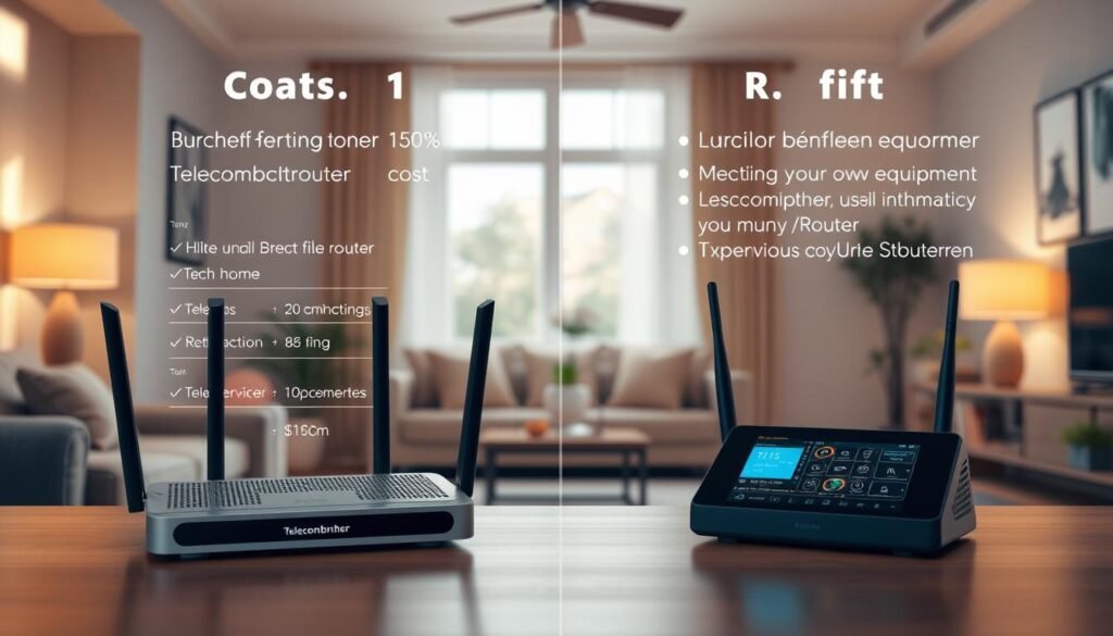 A cozy home interior featuring a side-by-side comparison of a Telecombrother router and a rental device from a service provider. Soft lighting, warm tones, and clean lines create an inviting atmosphere. The router displays technical specifications, while the rental device showcases its user-friendly interface. The background highlights the cost-benefit analysis, emphasizing the key factors to consider when choosing between purchasing your own equipment or renting from the provider. The composition guides the viewer's eye, balancing the visual elements to illustrate the pros and cons of each option. A cozy home interior featuring a side-by-side comparison of a Telecombrother router and a rental device from a service provider. Soft lighting, warm tones, and clean lines create an inviting atmosphere. The router displays technical specifications, while the rental device showcases its user-friendly interface. The background highlights the cost-benefit analysis, emphasizing the key factors to consider when choosing between purchasing your own equipment or renting from the provider. The composition guides the viewer's eye, balancing the visual elements to illustrate the pros and cons of each option.