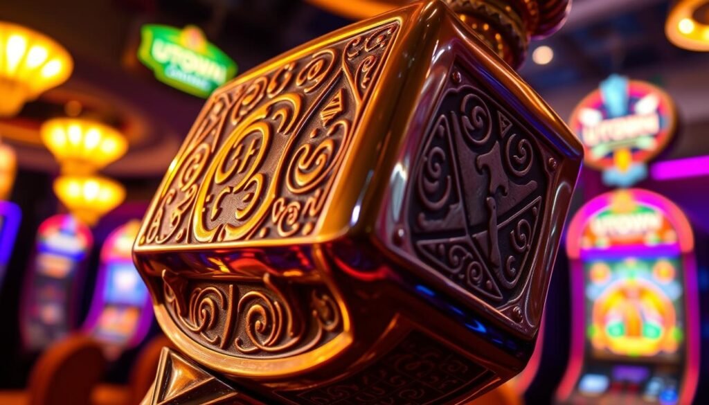 A detailed close-up view of the UTown Thor's Hammer slot machine, showcasing the intricate display that indicates the game's payout signals. The hammer itself is prominently featured, gleaming under warm studio lighting, with its intricate runes and textures clearly visible. The background is a blurred casino environment, hinting at the excitement and atmosphere of the gaming floor. The composition emphasizes the hammer's striking visual design and the importance of understanding its payout indicators, as per the article's focus on the "Thor's Hammer payout signals". A detailed close-up view of the UTown Thor's Hammer slot machine, showcasing the intricate display that indicates the game's payout signals. The hammer itself is prominently featured, gleaming under warm studio lighting, with its intricate runes and textures clearly visible. The background is a blurred casino environment, hinting at the excitement and atmosphere of the gaming floor. The composition emphasizes the hammer's striking visual design and the importance of understanding its payout indicators, as per the article's focus on the "Thor's Hammer payout signals".