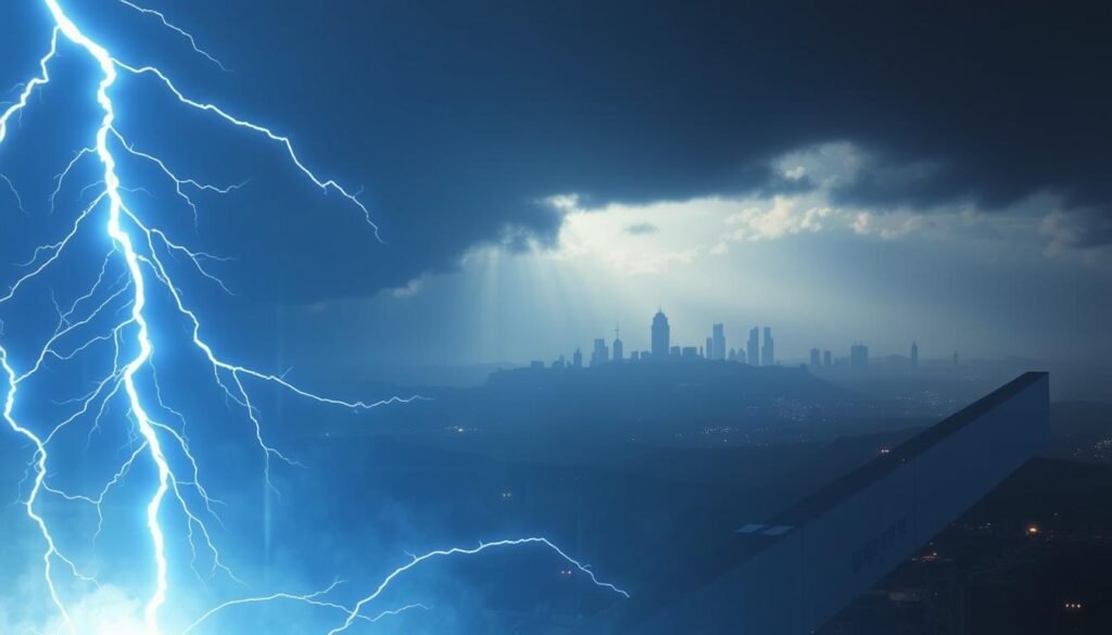 A dramatic, futuristic scene depicting the "雷神訊號", a powerful celestial phenomenon. In the foreground, bolt-like streaks of electric blue energy crackle across the sky, casting an ominous glow. In the middle ground, a distant UTown cityscape stands in silhouette, dwarfed by the scale of the cosmic event. The background is shrouded in an atmospheric haze, creating a sense of mystery and foreboding. Lighting is dramatic, with deep shadows and highlights accentuating the dynamism of the scene. The overall mood is one of awe and trepidation, capturing the power and unpredictability of the "雷神訊號".