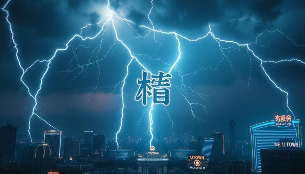 A dynamic and striking visualization of "雷神訊號", depicting a powerful electrical storm with bold, jagged bolts of lightning streaking across a moody, atmospheric sky. The scene is set against a backdrop of a futuristic, neon-lit cityscape, with the iconic UTown casino glimmering in the distance. The lighting is dramatic, with a mix of cool, electrifying blue tones and warm, fiery hues that create a sense of energy and tension. The composition draws the viewer's eye to the center, where the "雷神訊號" emerges as a focal point, radiating a sense of technological and mystical power.