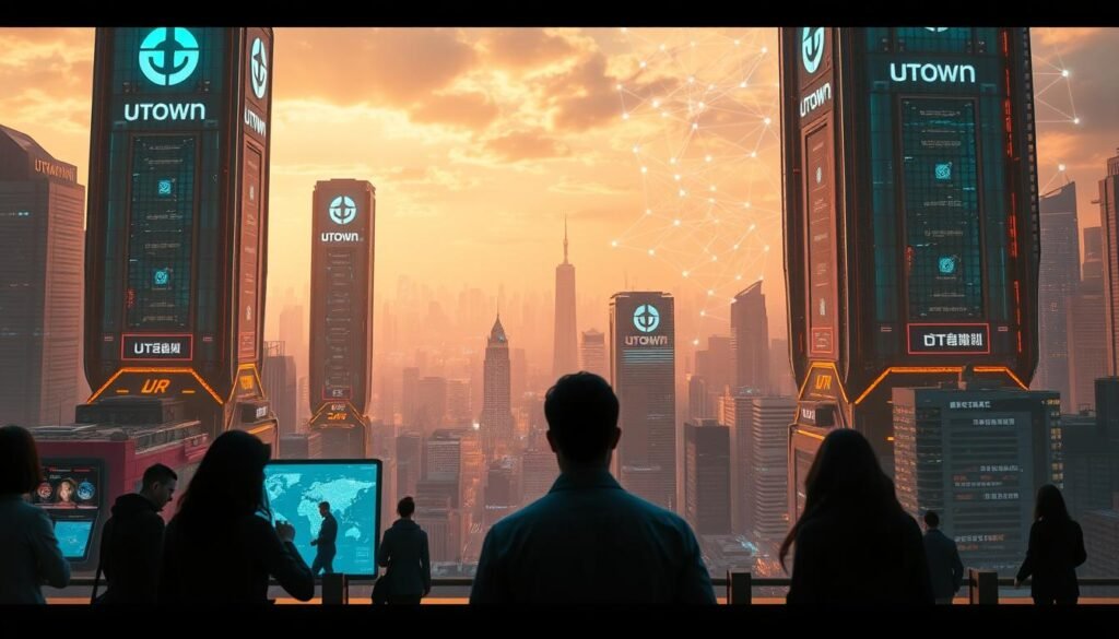 A futuristic cityscape with towering skyscrapers adorned with the UTown logo, bathed in a warm, neon-tinged glow. In the foreground, a group of people seamlessly engage with holographic interfaces, their identities obscured, symbolizing the anonymity and privacy of "免實名認證". The middle ground features a bustling metropolis, where residents move freely without the burden of identification, their silhouettes blending into the vibrant, technology-driven landscape. In the distant background, a network of interconnected blockchain nodes pulsates, representing the decentralized infrastructure powering this futuristic, privacy-focused world. A futuristic cityscape with towering skyscrapers adorned with the UTown logo, bathed in a warm, neon-tinged glow. In the foreground, a group of people seamlessly engage with holographic interfaces, their identities obscured, symbolizing the anonymity and privacy of "免實名認證". The middle ground features a bustling metropolis, where residents move freely without the burden of identification, their silhouettes blending into the vibrant, technology-driven landscape. In the distant background, a network of interconnected blockchain nodes pulsates, representing the decentralized infrastructure powering this futuristic, privacy-focused world.