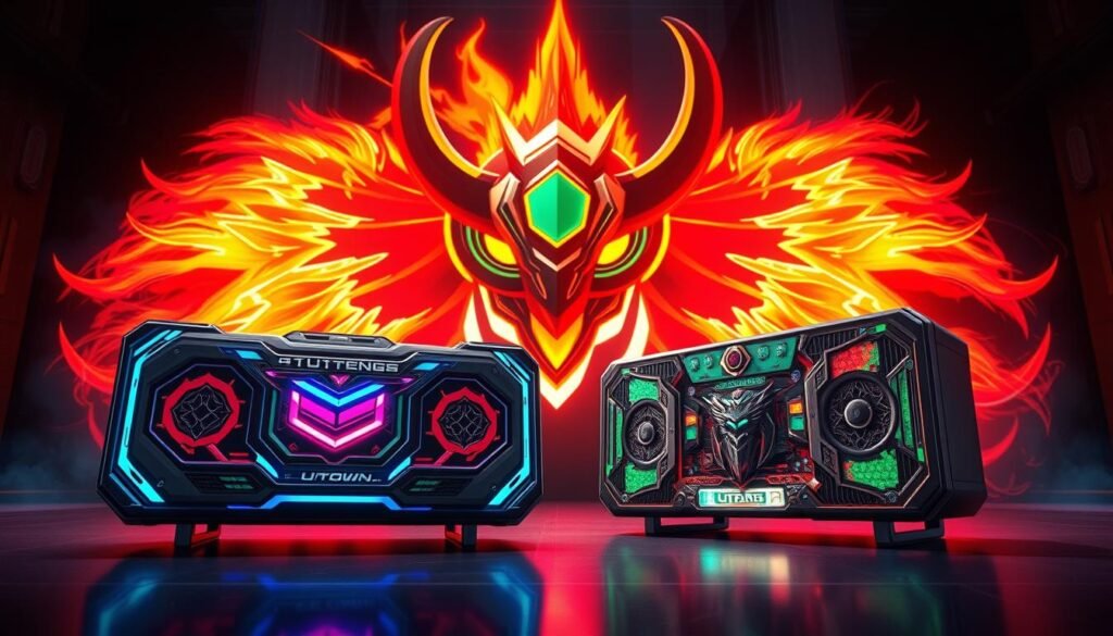 A high-resolution digital illustration showcasing the distinct visual differences between the official UTown Thundergod testing version and the fraudulent counterfeit. The foreground displays the official version's sleek, modern design with bold, vibrant colors and intricate details. The background contrasts this with the counterfeit's low-quality, pixelated graphics and garish, oversaturated hues. Dramatic lighting and a dramatic camera angle heighten the sense of comparison between the legitimate and illegitimate products. The overall tone is one of clarity and discernment, guiding the viewer to easily identify the official UTown Thundergod testing version. A high-resolution digital illustration showcasing the distinct visual differences between the official UTown Thundergod testing version and the fraudulent counterfeit. The foreground displays the official version's sleek, modern design with bold, vibrant colors and intricate details. The background contrasts this with the counterfeit's low-quality, pixelated graphics and garish, oversaturated hues. Dramatic lighting and a dramatic camera angle heighten the sense of comparison between the legitimate and illegitimate products. The overall tone is one of clarity and discernment, guiding the viewer to easily identify the official UTown Thundergod testing version.