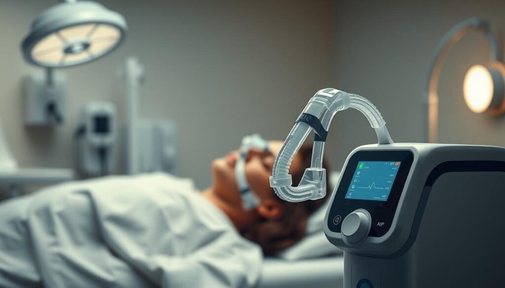 A high-resolution, highly detailed image of an iCareCPAP sleep apnea machine in a clinical setting. The machine is prominently displayed in the foreground, with a sleek, modern design and intuitive digital interface. The middle ground features a patient comfortably resting with the machine's nasal mask in place, conveying the machine's effectiveness in providing gentle, consistent airflow during sleep. The background showcases a serene, dimly lit hospital room, with clean medical equipment and soothing neutral tones to create a calming, therapeutic atmosphere. The lighting is soft and diffused, highlighting the machine's elegant aesthetic and the patient's peaceful slumber. The overall scene emphasizes the iCareCPAP's role in managing sleep-disordered breathing, delivering a visually compelling representation of the section title's focus. A high-resolution, highly detailed image of an iCareCPAP sleep apnea machine in a clinical setting. The machine is prominently displayed in the foreground, with a sleek, modern design and intuitive digital interface. The middle ground features a patient comfortably resting with the machine's nasal mask in place, conveying the machine's effectiveness in providing gentle, consistent airflow during sleep. The background showcases a serene, dimly lit hospital room, with clean medical equipment and soothing neutral tones to create a calming, therapeutic atmosphere. The lighting is soft and diffused, highlighting the machine's elegant aesthetic and the patient's peaceful slumber. The overall scene emphasizes the iCareCPAP's role in managing sleep-disordered breathing, delivering a visually compelling representation of the section title's focus.
