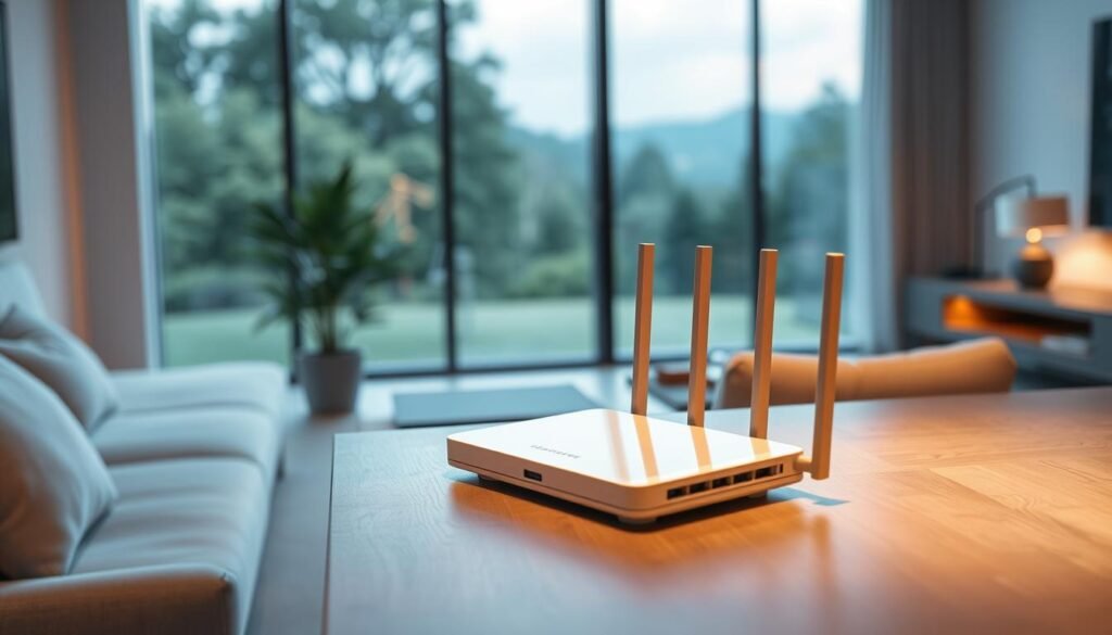 A modern, well-designed home router from Telecombrother, showcased in a minimalist interior. The router is positioned on a sleek, wooden table, bathed in warm, diffused lighting that creates a cozy, inviting atmosphere. The router's clean, rectangular form is accentuated by the neutral color palette and streamlined furnishings surrounding it. In the background, a large window provides a glimpse of a lush, natural landscape, blending the indoor and outdoor spaces. The overall composition emphasizes the router's functionality and integration within a harmonious, contemporary living environment. A modern, well-designed home router from Telecombrother, showcased in a minimalist interior. The router is positioned on a sleek, wooden table, bathed in warm, diffused lighting that creates a cozy, inviting atmosphere. The router's clean, rectangular form is accentuated by the neutral color palette and streamlined furnishings surrounding it. In the background, a large window provides a glimpse of a lush, natural landscape, blending the indoor and outdoor spaces. The overall composition emphasizes the router's functionality and integration within a harmonious, contemporary living environment.
