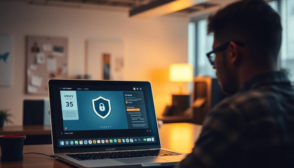 A serene office setting, bathed in warm lighting, showcases a desktop with a UTown logo prominently displayed. In the foreground, a laptop screen depicts a security interface, emphasizing the importance of user awareness. The middle ground features an attentive person, their gaze fixed on the screen, conveying a sense of diligence and focus. The background blurs slightly, creating a sense of depth and drawing the viewer's attention to the central figure and the security-related content. The overall mood is one of thoughtfulness and a commitment to safeguarding digital assets. A serene office setting, bathed in warm lighting, showcases a desktop with a UTown logo prominently displayed. In the foreground, a laptop screen depicts a security interface, emphasizing the importance of user awareness. The middle ground features an attentive person, their gaze fixed on the screen, conveying a sense of diligence and focus. The background blurs slightly, creating a sense of depth and drawing the viewer's attention to the central figure and the security-related content. The overall mood is one of thoughtfulness and a commitment to safeguarding digital assets.