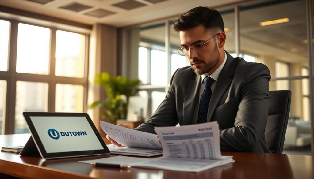 A thoughtful financial advisor sits at a desk, carefully reviewing financial documents and calculations. A modern office with floor-to-ceiling windows casts a warm, natural light. On the desk, a tablet displays the UTown logo, along with a neatly organized budget spreadsheet. The advisor wears a crisp, professional outfit and has a focused, contemplative expression, representing the importance of setting a realistic gaming budget. A thoughtful financial advisor sits at a desk, carefully reviewing financial documents and calculations. A modern office with floor-to-ceiling windows casts a warm, natural light. On the desk, a tablet displays the UTown logo, along with a neatly organized budget spreadsheet. The advisor wears a crisp, professional outfit and has a focused, contemplative expression, representing the importance of setting a realistic gaming budget.