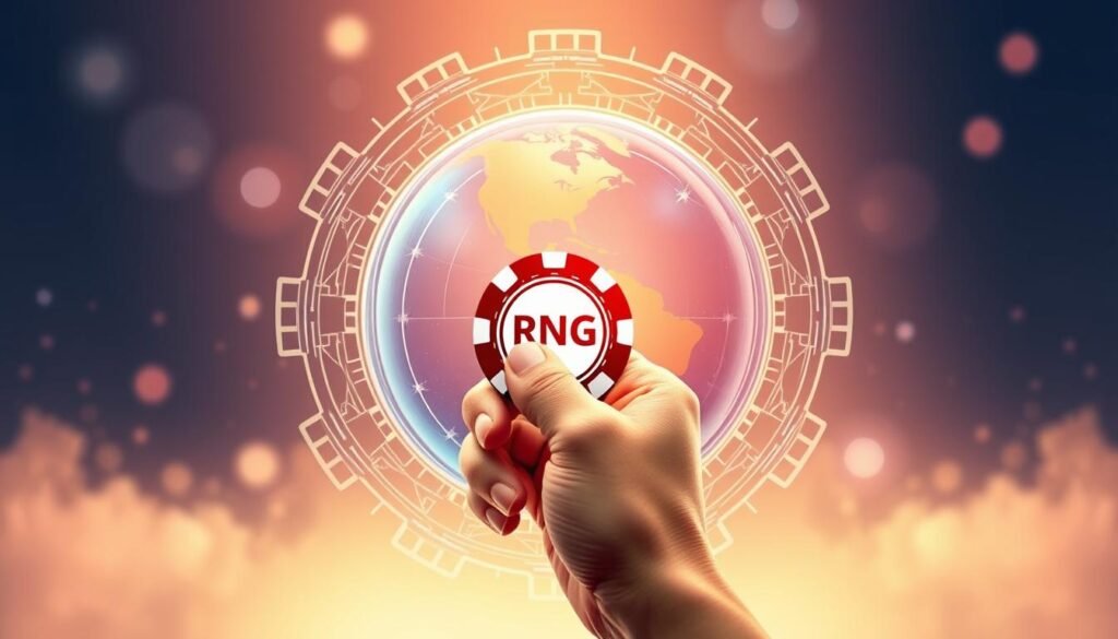 A vibrant and dynamic illustration showcasing the intersection of RNG (Random Number Generation) and international gaming certifications. Rendered in a clean, modern style, the image features a central globe representing the global reach of gaming regulations, surrounded by intricate gear-like shapes symbolizing the underlying mathematical algorithms that power RNG. In the foreground, a hand holding a UTown-branded gaming chip emerges, highlighting the importance of fair and transparent gaming practices. The background is bathed in a soft, warm light, conveying a sense of trust and reliability associated with the gaming industry's commitment to RNG and certification standards. The overall composition aims to educate and inform readers about the critical role these elements play in ensuring the fairness and integrity of games offered in entertainment venues.