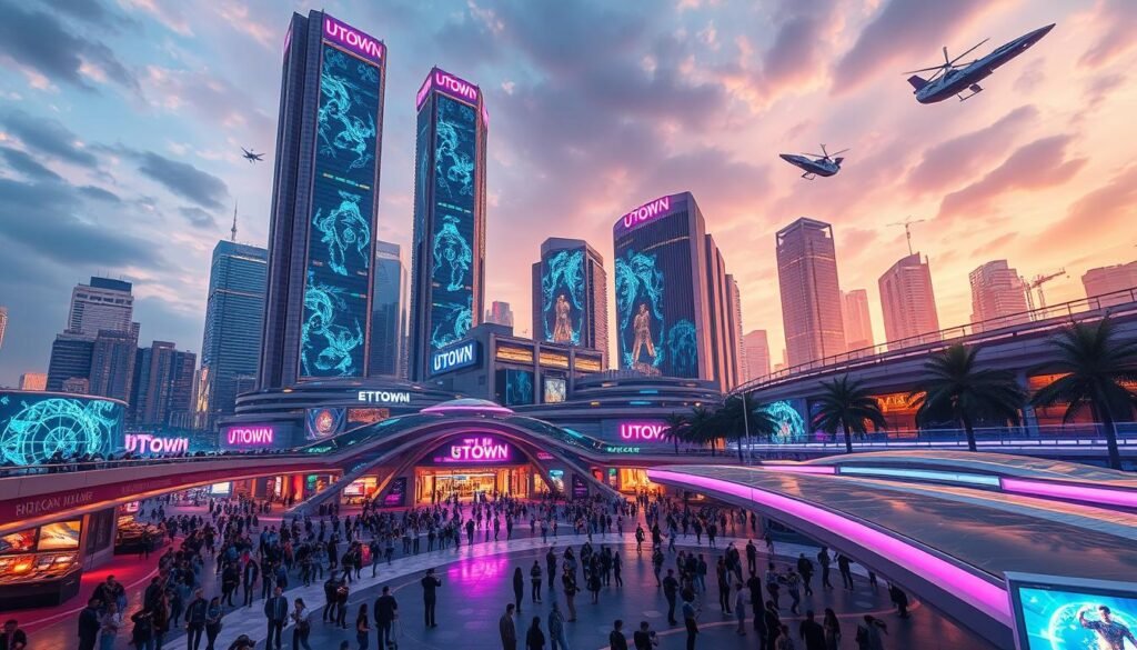 A vibrant futuristic cityscape, with towering UTown skyscrapers in the background, their facades adorned with a dynamic array of holographic projections, showcasing the integration of blockchain technology into the world of online entertainment. In the foreground, a bustling public plaza where crowds of people engage with AR gaming experiences, seamlessly connecting the physical and digital realms. The scene is bathed in a warm, neon-tinged glow, creating an atmosphere of innovation and excitement. Sleek, hover-based transportation systems glide across the landscape, hinting at the advanced technological advancements that drive this blockchain-powered entertainment hub. A vibrant futuristic cityscape, with towering UTown skyscrapers in the background, their facades adorned with a dynamic array of holographic projections, showcasing the integration of blockchain technology into the world of online entertainment. In the foreground, a bustling public plaza where crowds of people engage with AR gaming experiences, seamlessly connecting the physical and digital realms. The scene is bathed in a warm, neon-tinged glow, creating an atmosphere of innovation and excitement. Sleek, hover-based transportation systems glide across the landscape, hinting at the advanced technological advancements that drive this blockchain-powered entertainment hub.