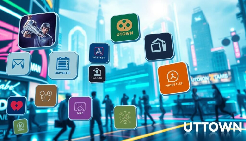 A vibrant gaming scene with various feature icons floating in the foreground, showcasing the diverse capabilities of the UTown gaming platform. In the middle ground, players engaged in dynamic gameplay, immersed in the seamless integration of these features. The background features a sleek, futuristic cityscape, with neon lights and a sense of technological advancement, reflecting the cutting-edge nature of the UTown experience. The overall composition conveys a sense of excitement, innovation, and the promise of an engaging, feature-rich gaming environment. A vibrant gaming scene with various feature icons floating in the foreground, showcasing the diverse capabilities of the UTown gaming platform. In the middle ground, players engaged in dynamic gameplay, immersed in the seamless integration of these features. The background features a sleek, futuristic cityscape, with neon lights and a sense of technological advancement, reflecting the cutting-edge nature of the UTown experience. The overall composition conveys a sense of excitement, innovation, and the promise of an engaging, feature-rich gaming environment.