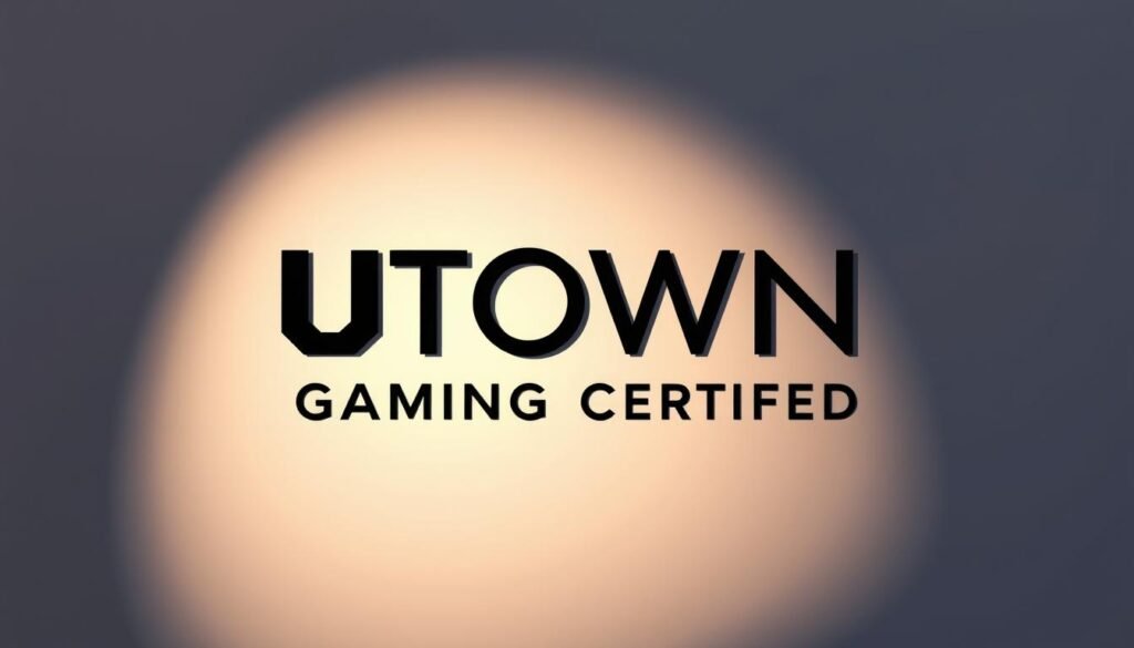 A visually striking illustration of the "UTown" gaming certification logo, rendered in a sleek, high-contrast style. The logo appears prominently in the foreground, its bold, geometric design casting dramatic shadows against a subtly textured background. The lighting is crisp and directional, accentuating the logo's clean lines and giving it a sense of depth and solidity. The overall tone is one of authority, professionalism, and trustworthiness - qualities that convey the importance of this certification mark for players seeking fair, regulated gaming experiences. A visually striking illustration of the "UTown" gaming certification logo, rendered in a sleek, high-contrast style. The logo appears prominently in the foreground, its bold, geometric design casting dramatic shadows against a subtly textured background. The lighting is crisp and directional, accentuating the logo's clean lines and giving it a sense of depth and solidity. The overall tone is one of authority, professionalism, and trustworthiness - qualities that convey the importance of this certification mark for players seeking fair, regulated gaming experiences.