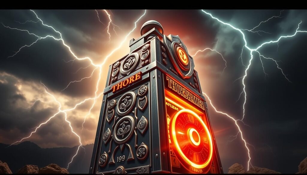 A vivid, cinematic depiction of the "Thor's Hammer" slot machine by UTown, capturing its dynamic essence. Set against a dramatic backdrop of stormy skies, the machine's metallic form stands tall, adorned with intricate details and ominous runes. Bolts of lightning crackle around it, illuminating the game's mythical Norse theme. The machine's reels spin with anticipation, hinting at the potential for colossal payouts. Ambient lighting casts long shadows, heightening the sense of tension and excitement. The overall composition conveys the game's immersive and thrilling nature, inviting the viewer to step into the realm of "Thor's Hammer" and experience the rush of its high-stakes gameplay.