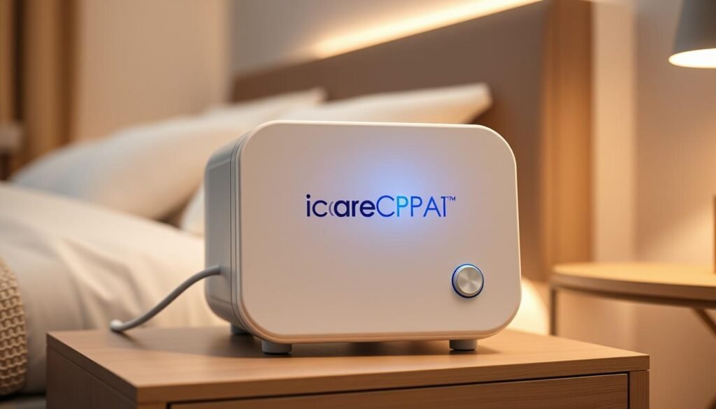 A well-designed single-level sleep apnea machine with the iCareCPAP brand logo prominently displayed. The machine has a clean, modern design with a sleek white casing and intuitive digital controls. Soft blue lighting emanates from the display, creating a calming atmosphere. The machine is placed on a bedside table, surrounded by a minimalist bedroom interior with neutral colors and natural textures. The lighting is soft and indirect, creating a cozy and relaxing ambiance suitable for a restful night's sleep.
