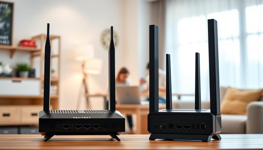 A well-lit, high-quality product comparison image showcasing a sleek Telecombrother router and a modem-router combo device from a major internet service provider. The foreground features the two devices side-by-side, highlighting their design, connectivity ports, and distinguishing features. The middle ground depicts a cozy home office setting with a laptop, smartphone, and other devices connected to the network. The background gently blurs to emphasize the comparative focus. Crisp, realistic rendering with natural lighting and subtle shadows to convey a sense of practicality and informed decision-making for the home broadband consumer.