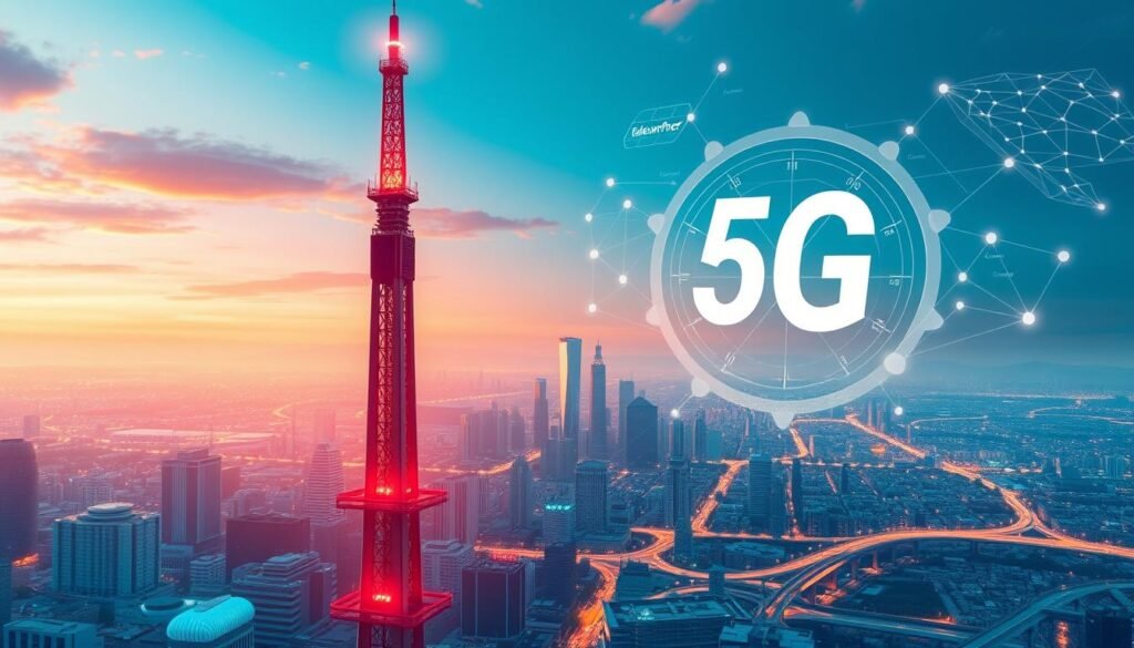 Detailed illustration of a futuristic 5G network plan, showcasing the Telecombrother brand. In the foreground, a sleek 5G tower stands tall, emitting a soft, warm glow. The middle ground features a city skyline, with skyscrapers and infrastructure bathed in a vibrant, futuristic color palette. In the background, a panoramic view of the city landscape, with a hint of a 5G coverage map overlaying the scene. The overall composition conveys a sense of technological advancement, innovation, and the seamless integration of 5G technology into the urban environment.