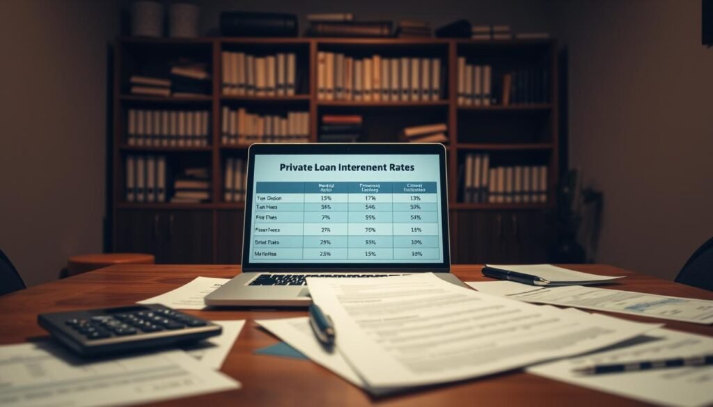 A dimly lit office setting, with a wooden desk in the foreground, showcasing various financial documents, a calculator, and a pen. In the middle ground, a laptop displays a comparison of different private loan interest rates, providing a visual representation of the topic. The background features shelves filled with accounting books, conveying a sense of financial expertise. Warm lighting creates a contemplative atmosphere, as the scene invites the viewer to explore the nuances of private loan interest rate planning. A dimly lit office setting, with a wooden desk in the foreground, showcasing various financial documents, a calculator, and a pen. In the middle ground, a laptop displays a comparison of different private loan interest rates, providing a visual representation of the topic. The background features shelves filled with accounting books, conveying a sense of financial expertise. Warm lighting creates a contemplative atmosphere, as the scene invites the viewer to explore the nuances of private loan interest rate planning.