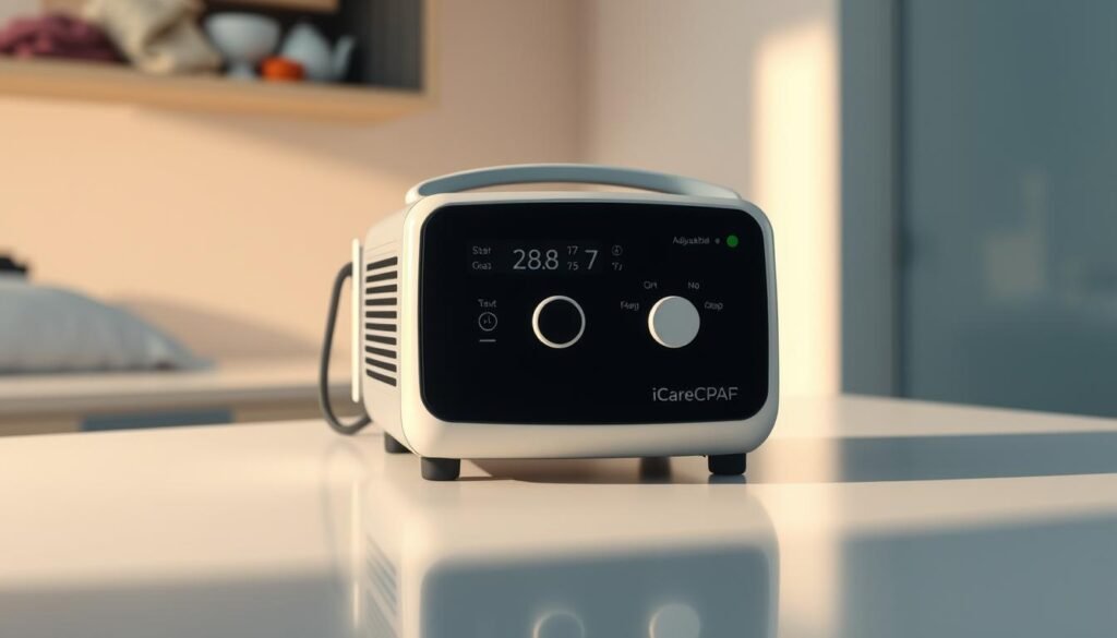 A highly detailed, photorealistic image of an iCareCPAP sleep apnea machine. The device is prominently displayed in the center, showcasing its sleek, modern design with a minimalist control panel and adjustable settings. The machine is positioned on a clean, well-lit surface, casting subtle shadows that add depth and realism. The background is slightly out of focus, creating a sense of depth and drawing the viewer's attention to the main subject. The lighting is soft and natural, highlighting the machine's various components and features. The overall scene conveys a clinical, yet approachable atmosphere, reflecting the device's purpose as a tool for improving sleep and respiratory health. A highly detailed, photorealistic image of an iCareCPAP sleep apnea machine. The device is prominently displayed in the center, showcasing its sleek, modern design with a minimalist control panel and adjustable settings. The machine is positioned on a clean, well-lit surface, casting subtle shadows that add depth and realism. The background is slightly out of focus, creating a sense of depth and drawing the viewer's attention to the main subject. The lighting is soft and natural, highlighting the machine's various components and features. The overall scene conveys a clinical, yet approachable atmosphere, reflecting the device's purpose as a tool for improving sleep and respiratory health.