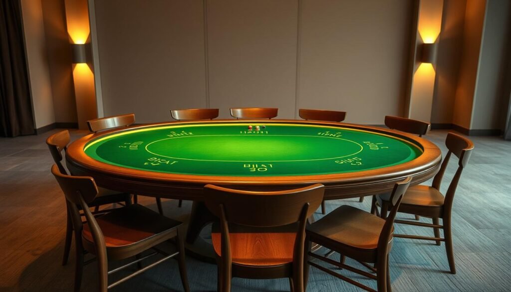 A serene and natural-looking baccarat table, illuminated by warm, ambient lighting. The green felt surface is pristine, with delicate gold-trimmed edges. Elegant wooden chairs surround the table, inviting players to take their seats. In the background, a minimalist, zen-inspired setting with clean lines and neutral tones creates a calming atmosphere. The composition emphasizes the simplicity and timelessness of the game, reflecting the essential rules and gameplay of baccarat. A serene and natural-looking baccarat table, illuminated by warm, ambient lighting. The green felt surface is pristine, with delicate gold-trimmed edges. Elegant wooden chairs surround the table, inviting players to take their seats. In the background, a minimalist, zen-inspired setting with clean lines and neutral tones creates a calming atmosphere. The composition emphasizes the simplicity and timelessness of the game, reflecting the essential rules and gameplay of baccarat.