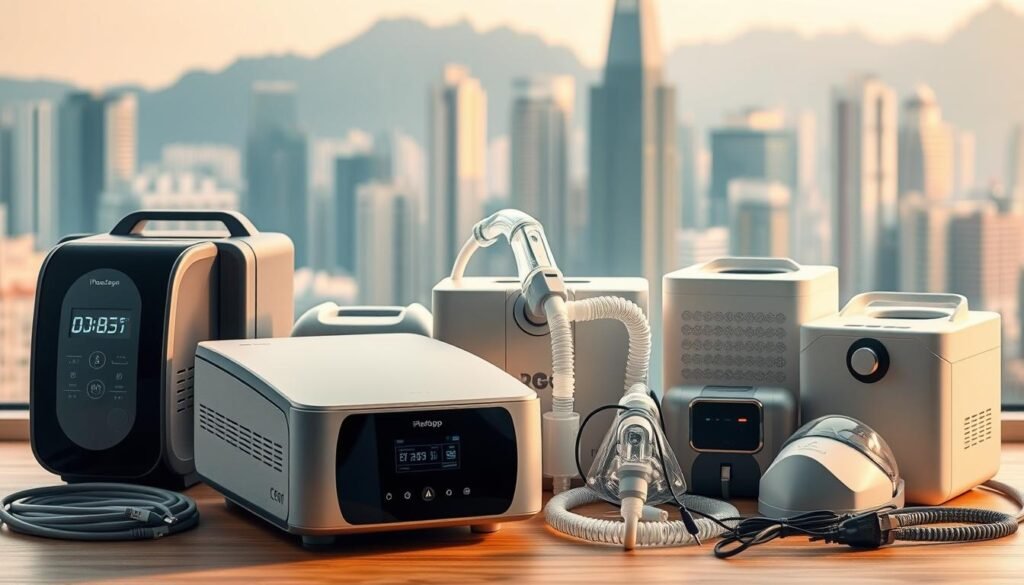 A stylized, hyper-realistic still life image of a range of popular sleep apnea CPAP machines and accessories found in the Hong Kong market. In the foreground, an iCareCPAP machine sits prominently, its sleek design and LED display illuminated by soft, natural lighting. In the middle ground, other CPAP models and accessories such as masks, tubing, and power supplies are arranged in an aesthetically pleasing composition. The background features a softly blurred urban cityscape, hinting at the bustling Hong Kong setting. The overall mood is one of clinical precision, technology, and healthcare, with a touch of urban sophistication. A stylized, hyper-realistic still life image of a range of popular sleep apnea CPAP machines and accessories found in the Hong Kong market. In the foreground, an iCareCPAP machine sits prominently, its sleek design and LED display illuminated by soft, natural lighting. In the middle ground, other CPAP models and accessories such as masks, tubing, and power supplies are arranged in an aesthetically pleasing composition. The background features a softly blurred urban cityscape, hinting at the bustling Hong Kong setting. The overall mood is one of clinical precision, technology, and healthcare, with a touch of urban sophistication.
